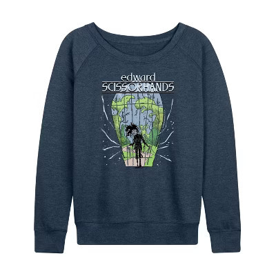 Women's Edward Scissorhands  Lightweight French Terry Wide Neck Long Sleeve Graphic Shirt - Heather Indigo - 2 X-Large | Target