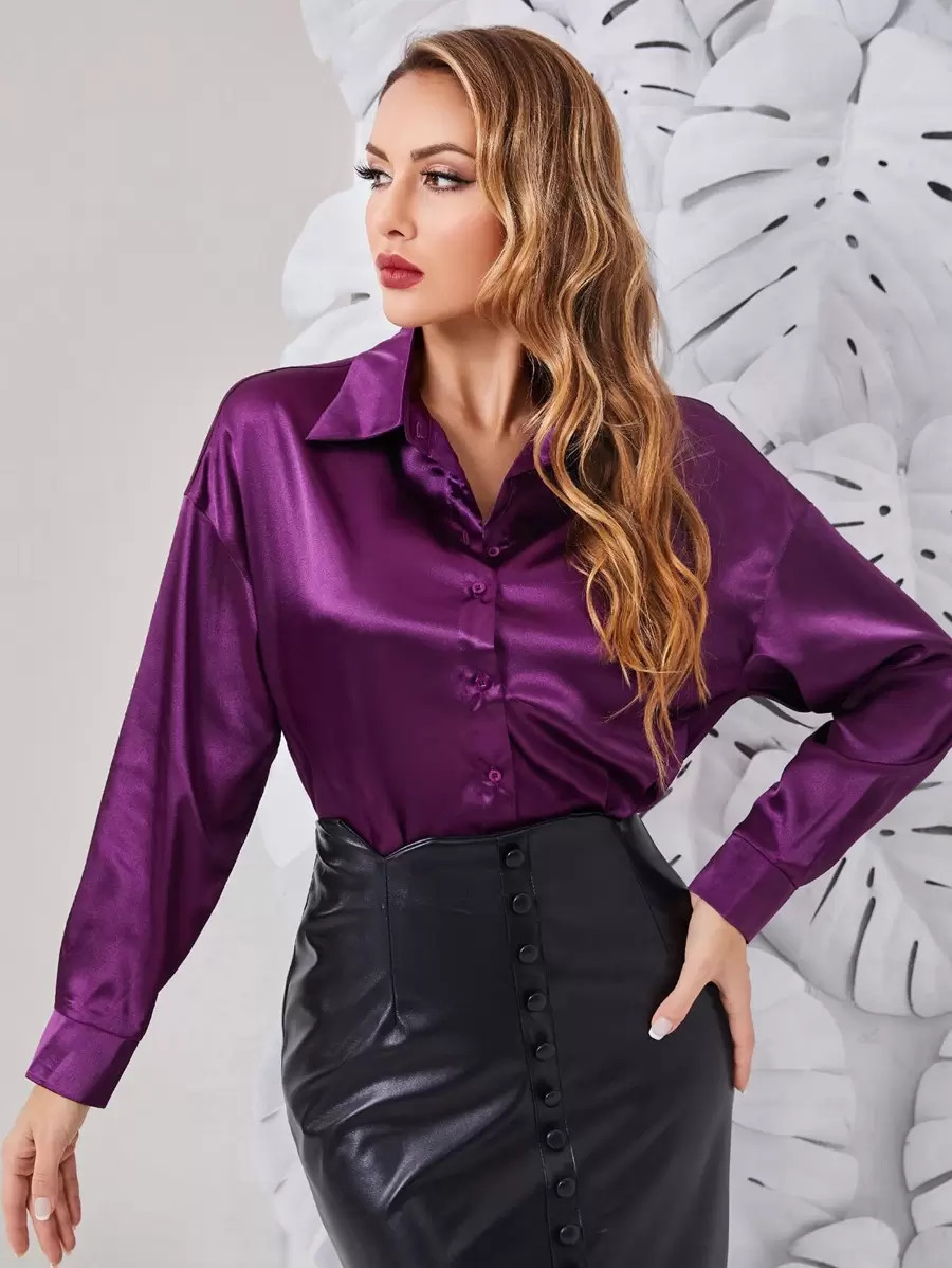 SHEIN Solid Button Front Drop Shoulder Satin Shirt
   
      SKU: sw2112012602313388
          (1... | SHEIN