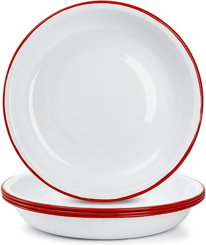 Lawei Set of 4 Enamel Dinner Plates, 10 Inch Round Dinner Plate with Red Rim, Retro Salad Pasta B... | Amazon (US)