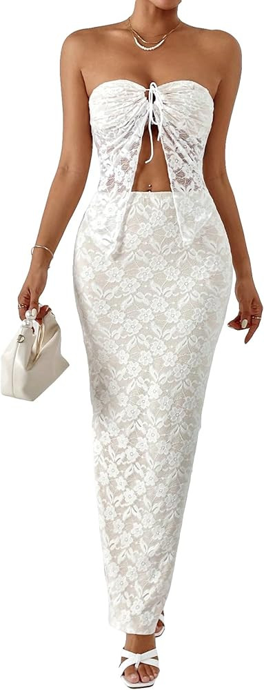 Women's 2 Piece Solid Strapless Backless Lace Drawstring Bandeau Crop Top Tube and Maxi Bodycon P... | Amazon (US)