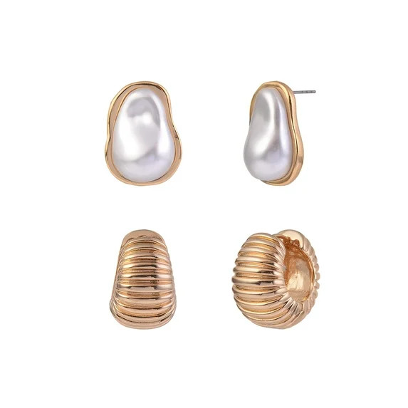 Time and Tru Women's Textured Huggie and Wavy Acrylic Pearl Goldtone Post 2pc Earring Set | Walmart (US)