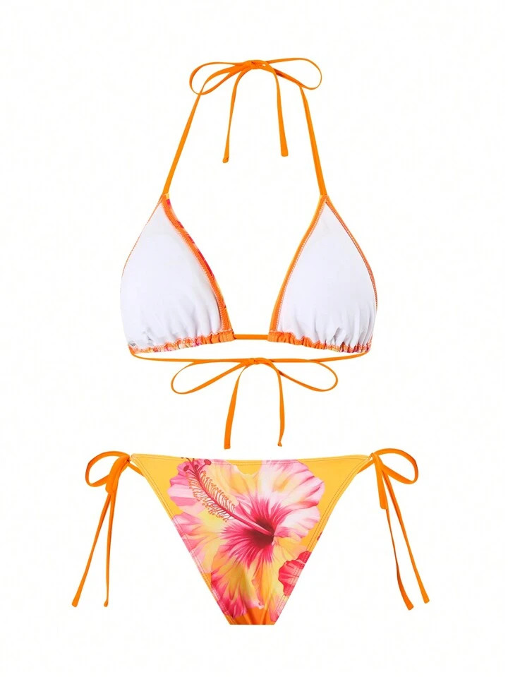 Swim Oasis 3 Piece Women Summer Beach Outfits Include Floral Print 3D Top, Tie-Front Bikini Botto... | SHEIN