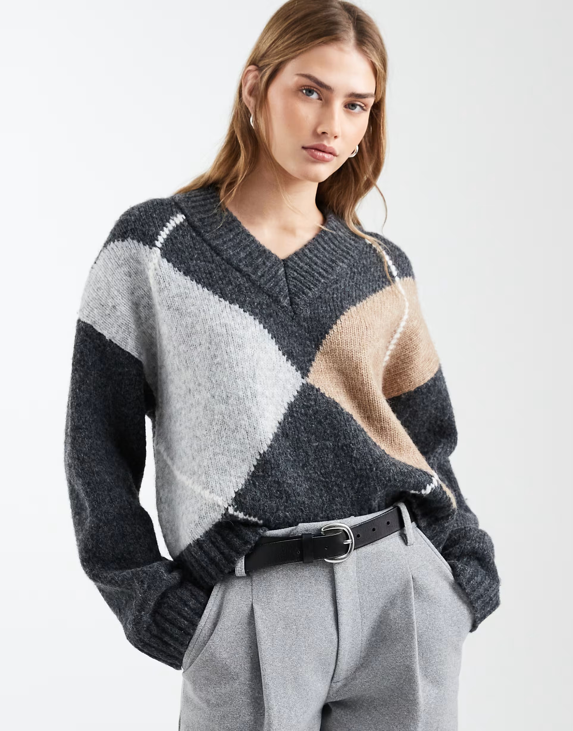 ASOS DESIGN argyle high v neck jumper in mocha | ASOS (Global)