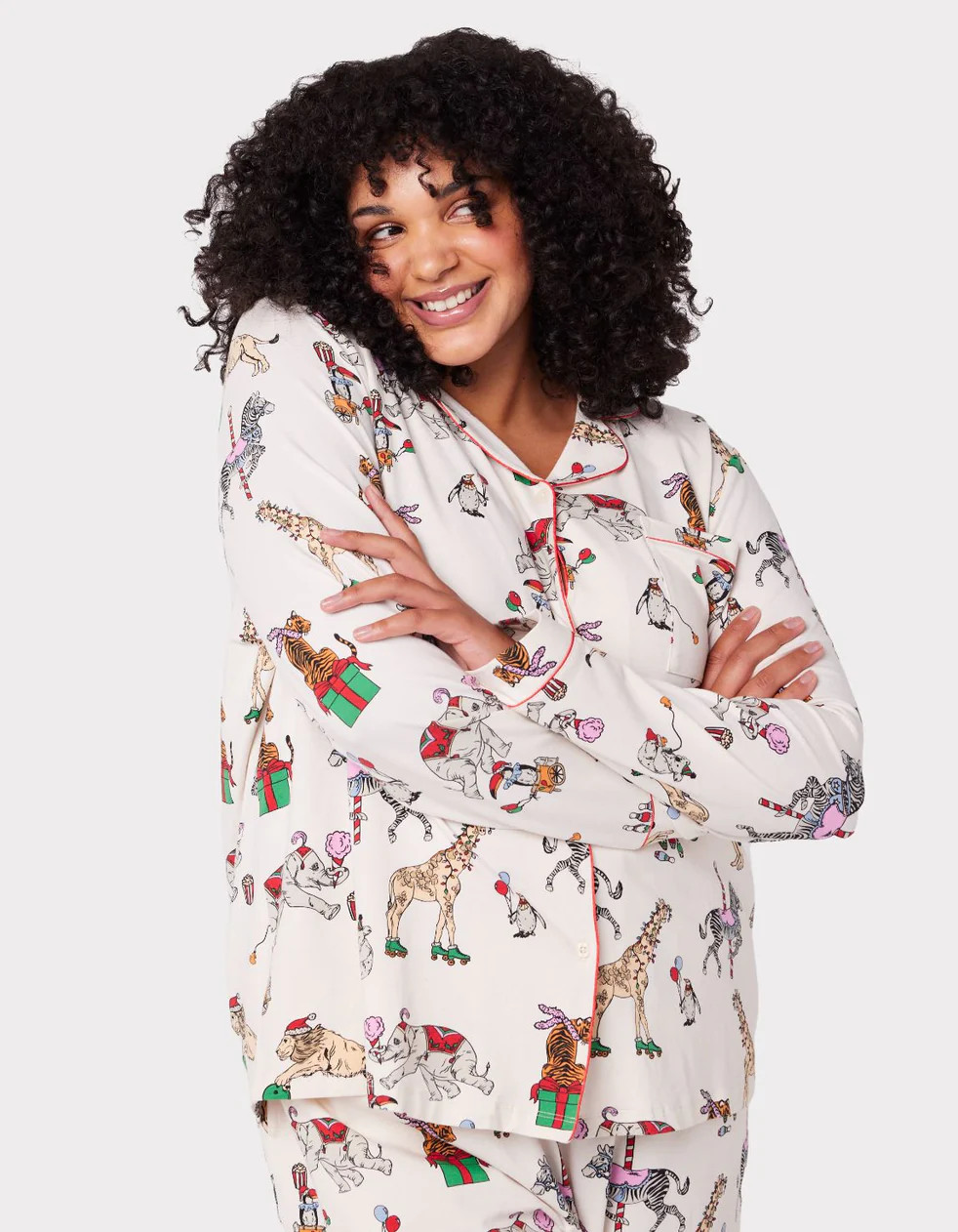 Organic Cotton Cream Christmas Animals Print Long Pyjama Set | Chelsea Peers NYC