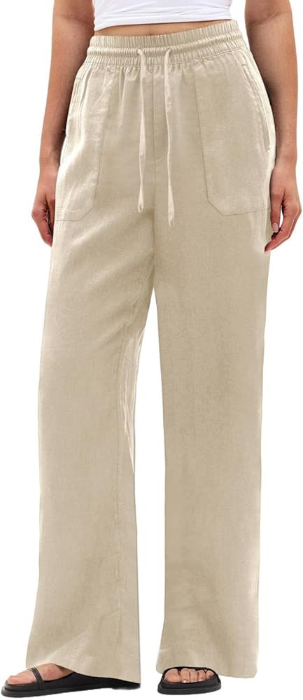 SEMARO Wide Leg Palazzo Pants for Women Casual Drawstring Flowy Beach Linen Trousers with Pockets... | Amazon (US)
