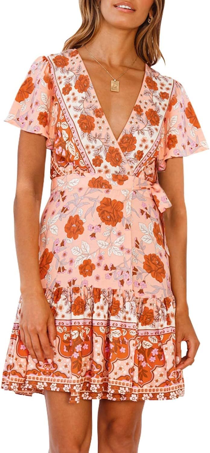 ZESICA Women’s Summer Wrap V Neck Bohemian Floral Print Ruffle Swing A Line Beach Mini Dress | Amazon (US)