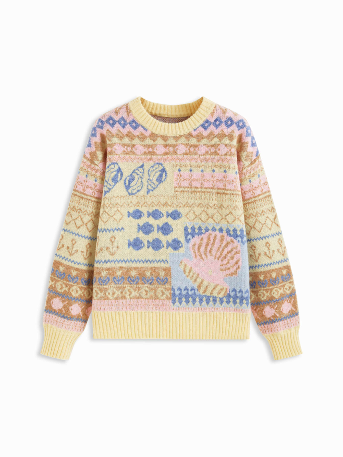 Knit Fabric Knit Fish & Shell Pattern Colorblock Oversized Sweater For Daily Casual | Cider