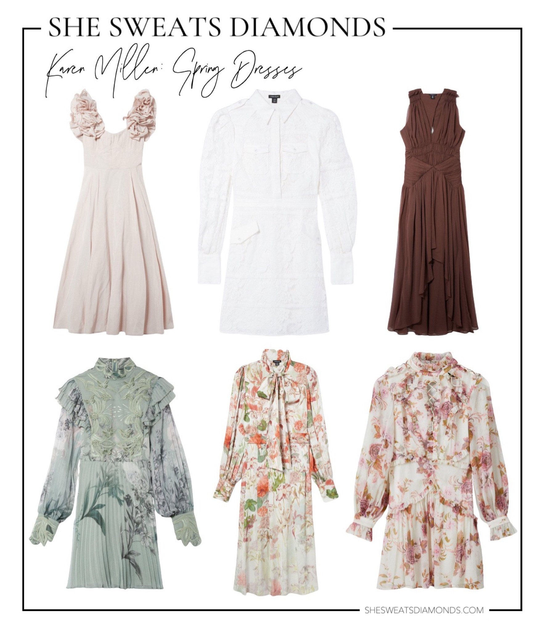The prettiest dresses for spring from Karen Millen: blush ruffled shoulder dress, white lace dress, crinkle brown dress, floral dresses, and chiffon dresses!

Style tip: with the exception of the first dress, add a leather jacket and white sneakers to dress down your look!

#LTKSeasonal #LTKstyletip