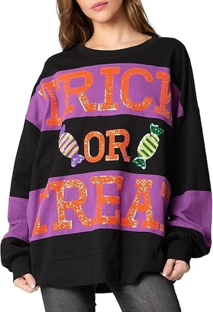 Halloween Sweatshirts for Women Sequin Color Block Crewneck Sweatshirts Long Sleeve Glitter Cute ... | Amazon (US)
