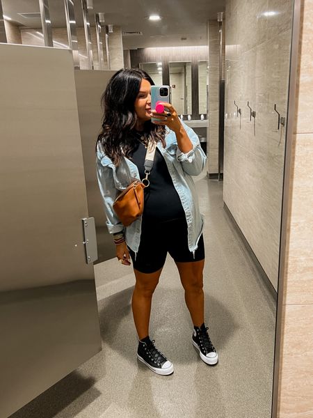Travel airport outfit. 
Shacket is old from Target, but found some similar options!
Tank: XL
Maternity Bike shorts: XL
Converse high top platform SNEAKERS: size DOWN 1/2 size 

#LTKshoecrush #LTKstyletip #LTKtravel