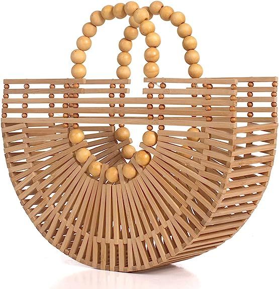 Womens Bamboo Handbags with Wooden Beads Tote Bag, Handmade Straw Bag for Summer Beach | Amazon (US)