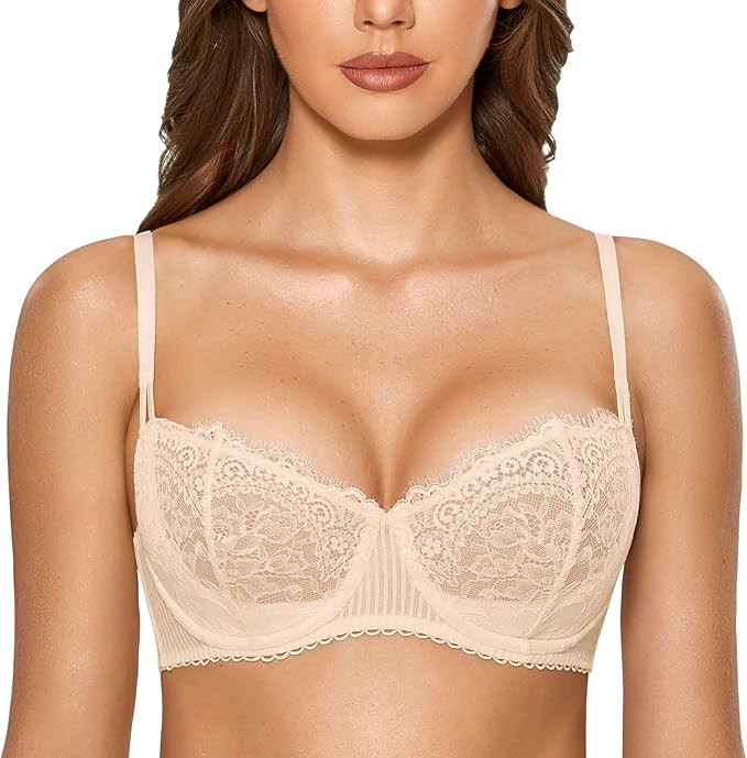 DOBREVA Women's Balconette Push Up Bra Lace Plus Size Bras See Through Underwire | Amazon (US)