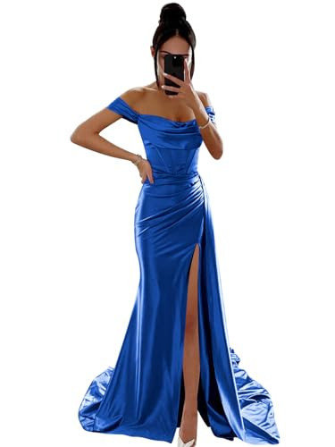POMUYOO Women's Satin Split Bridesmaid Dresses Long Royal Blue Formal Party Gowns for Wedding Guest Size 12 YG331 | Amazon (US)