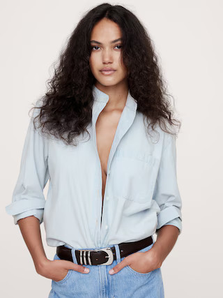 The Oversized Banded-Collar Denim Shirt | Banana Republic (US)