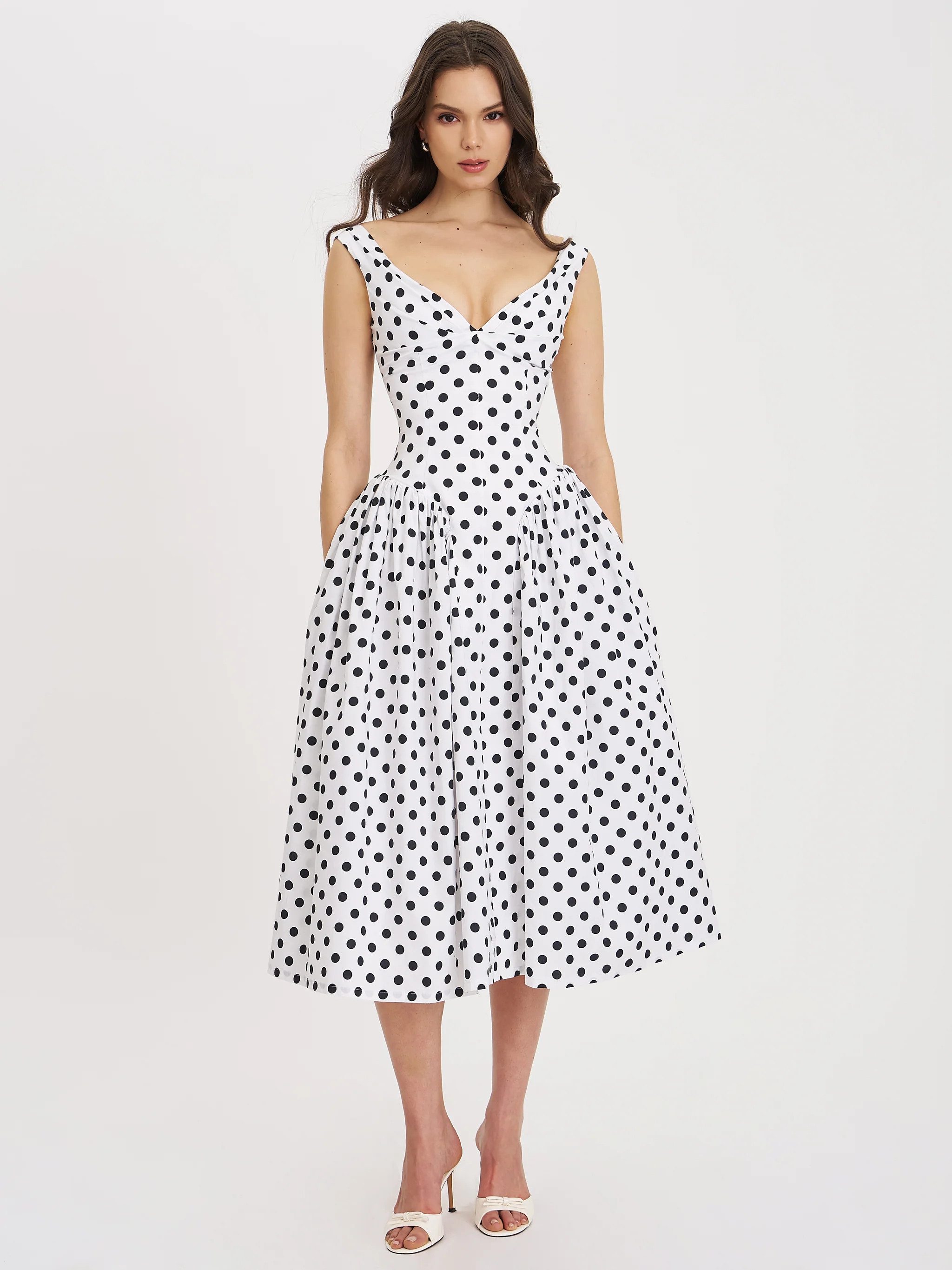 Rahma Polka Dot Drop Waist Midi Cotton Poplin Dress | Miss Circle
