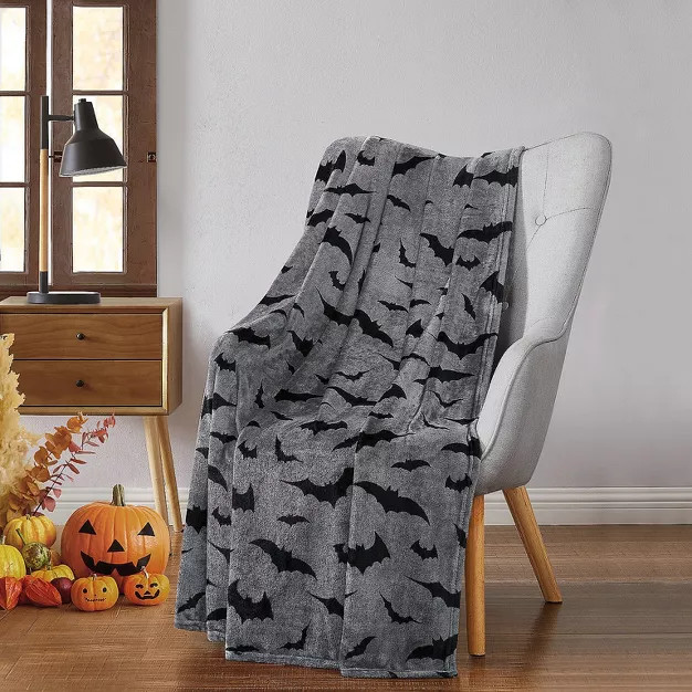 Kate Aurora Ultra Soft & Plush Gray & Black Spooky Halloween Bats Accent Throw Blanket - 50 in. W... | Target