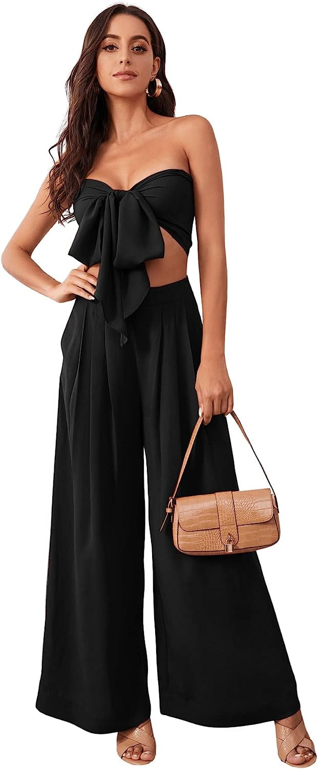 SweatyRocks Women's Sexy 2 Piece Outfits Sleeveless Tie Front Crop Top Wide Leg Pants Sets | Amazon (US)