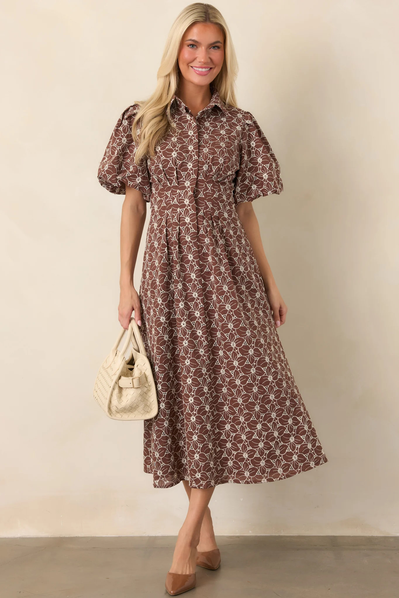Consider It Done Brown & Ivory Floral Eyelet Cotton Midi Dress | Red Dress