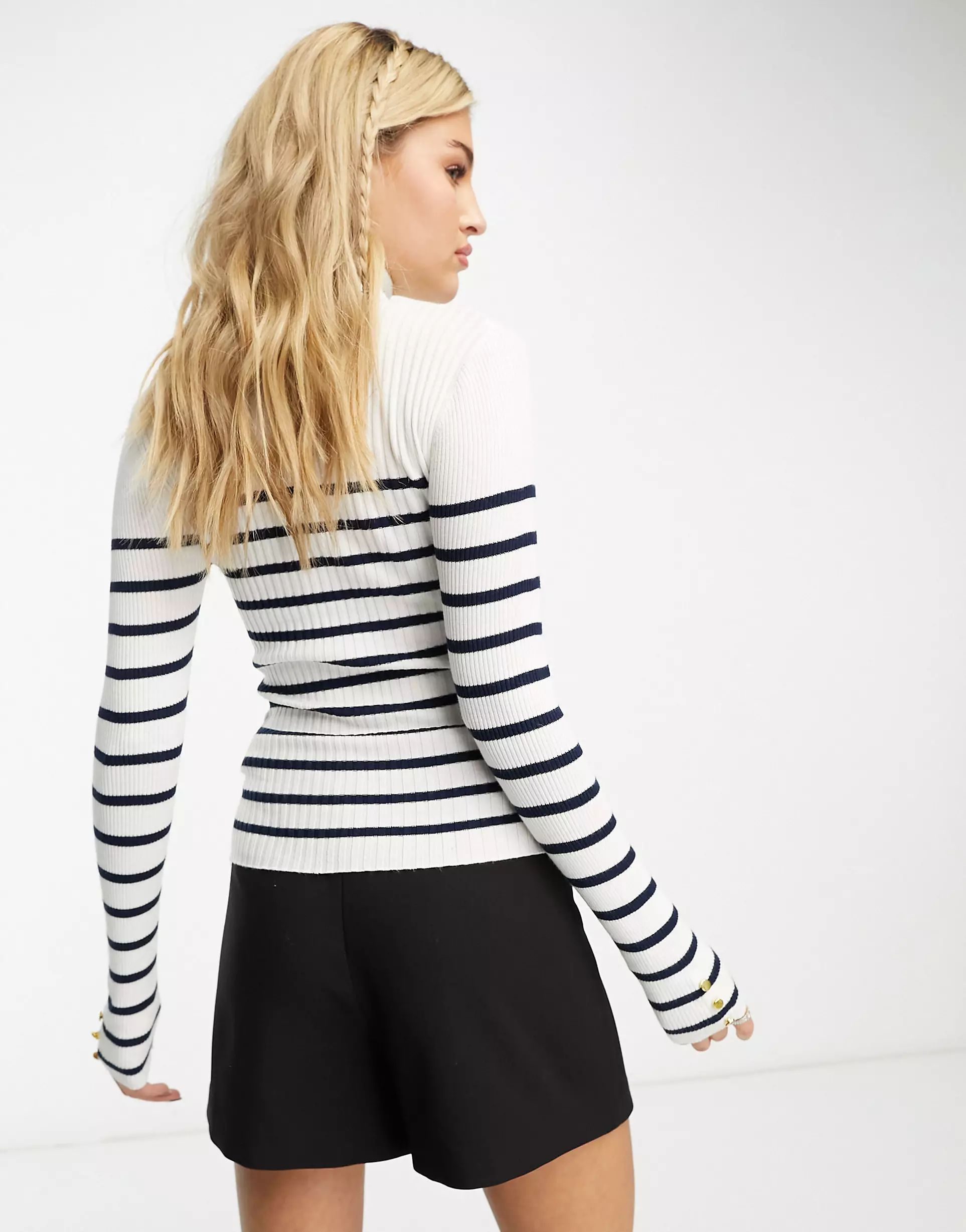 Lipsy ribbed roll neck jumper in cream and navy stripe | ASOS (Global)
