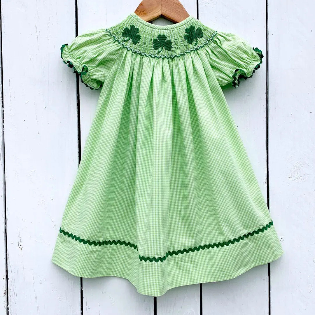 Smocked Shamrock Bishop Dress Girls Saint Patrick's Day Green Gingham Dress Outfit | Etsy (US)