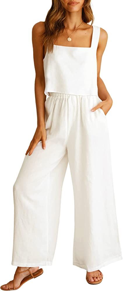 Prinbara Women's 2 Piece Outfits Lounge Sets Sleeveless Square Neck Linen Tank Crop Top Wide Leg ... | Amazon (US)