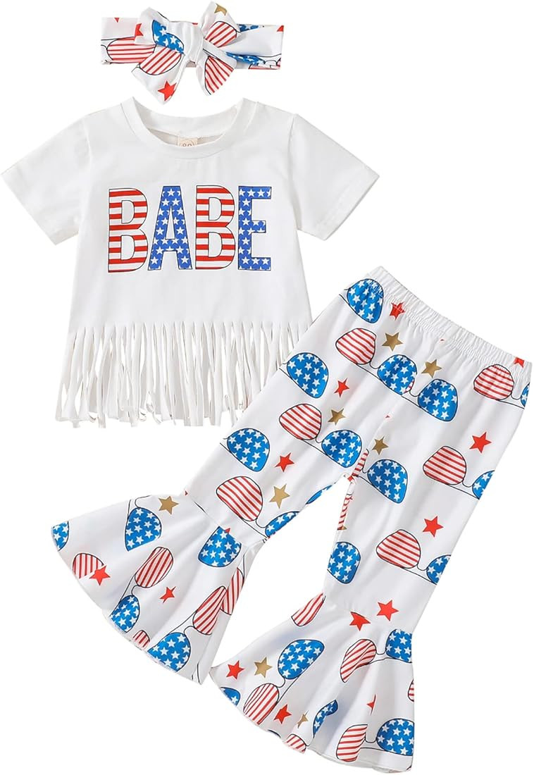 LIN&BABAY Toddler Baby Girl 4th of July Outfits American Flag Short Sleeve Tassel T-shirts+Bell B... | Amazon (US)