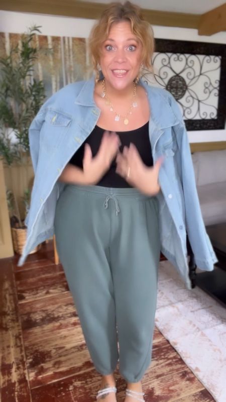 Mom uniform, casual spring outfit,jogger pants outfit, best affordable tank top 
Tank size medium, denim trucker jacket size xl, jogger pants size large (linked up a few similar options I own as well)

#LTKStyleTip #LTKOver40 #LTKMidsize
