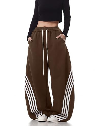 EMMIOL Women’s Y2K Baggy Barrel Striped Sweatpants, High Waisted Wide Leg Pants, Joggers with Drawstring Waist and Cuffs Brown | Amazon (US)