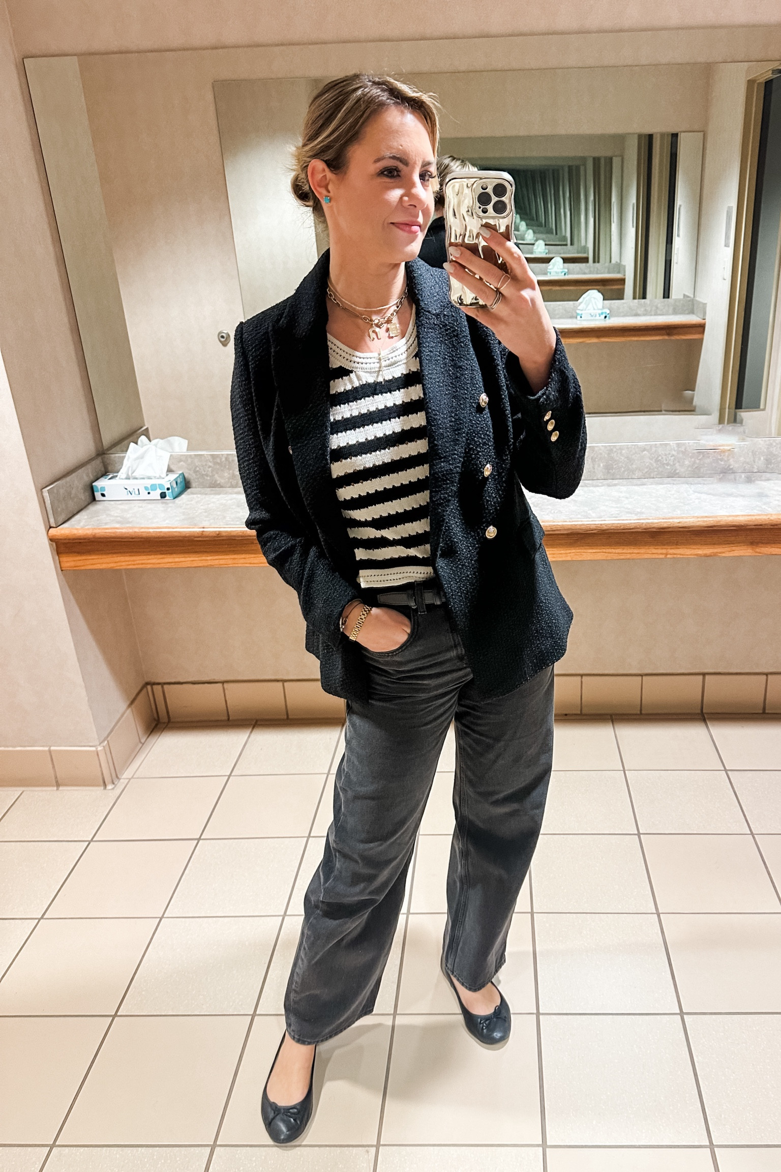 Today’s service Sunday look :: barrel jeans, balloon jeans, black jeans, ballet flats, striped knit tank, tweed blazer
//
Sunday outfit, church outfit, business casual, smart casual, casual style

#LTKStyleTip #LTKShoeCrush #LTKWorkwear