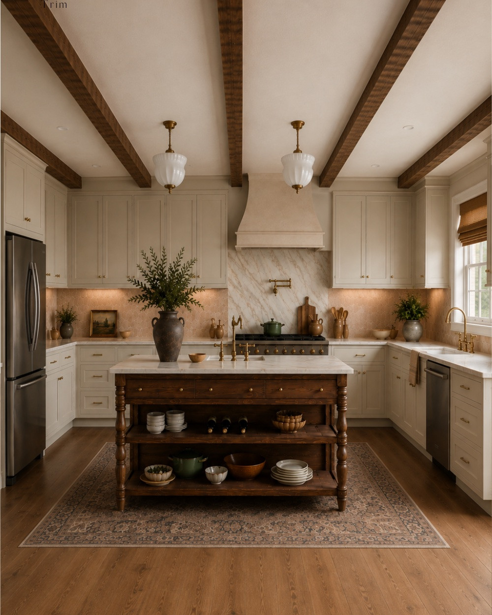 This is a 3D rendering of one of my kitchen design boards, and I think what makes this kitchen work so well is the way all of the warmer materials build on one another without everything needing to match.

The creamy cabinetry gives the room a soft, neutral foundation, while the terracotta backsplash brings in just enough variation and texture to keep all of that neutral from falling flat. Then there’s the furniture-style wood island, which adds a completely different finish and makes the kitchen feel a little more collected—as though pieces were chosen over time rather than everything being ordered as one matching set.

I especially love the marble here because it gives the room some contrast without cooling it down. Using it on the countertops and carrying it up the wall behind the range makes that whole area feel more intentional, while the aged brass, warm wood floors, ceiling beams, vintage-inspired lighting, artwork, pottery, and greenery fill in the smaller layers.

If you’re working with a mostly neutral kitchen, this is such a good example of how texture, material variation, and a few aged finishes can add character without relying on a lot of color.

Swipe to see the original design mood board that inspired this.

I’ve linked the exact and similar pieces from this kitchen design below so you can shop the look and pull a few of these ideas into your own home.

#LTKHome