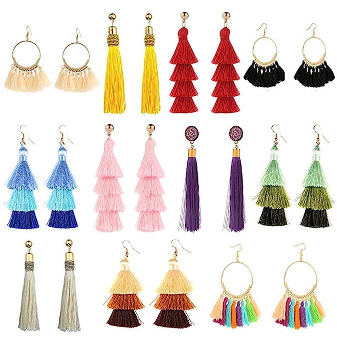 11 Pairs Tassel Earrings for Women Colorful Long Layered Thread Ball Dangle Earrings Yellow Red F... | Amazon (US)