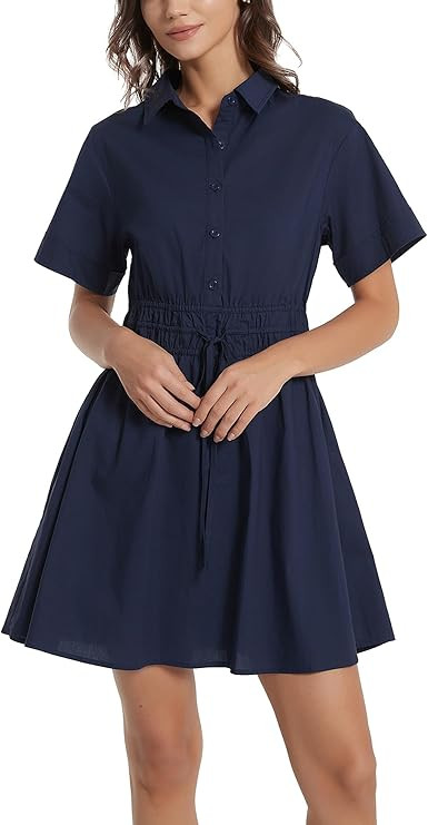D-Sun Women Casual Button Down Shirt Dress V-Neck Short Sleeve Tie Waist Mini Shirt A-Line Flowy ... | Amazon (US)