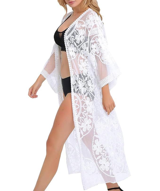ESPRELA Women Swimsuit Cover Up Bathing Suit Kimono Long Beach Dress Floral Lace Bikini Swim Coverup | Amazon (US)