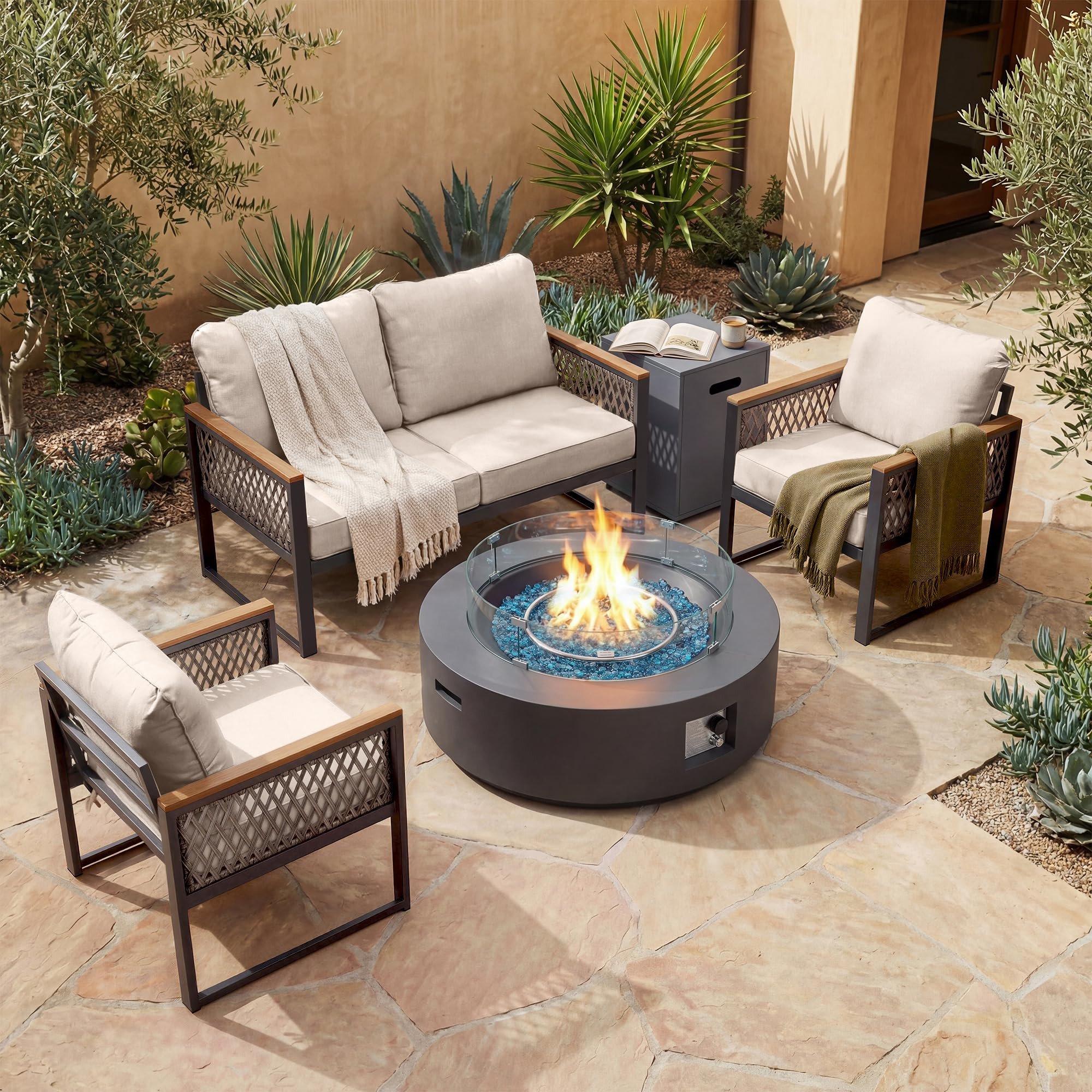 UPHA 6 Pieces Patio Furniture Set with 42" Propane Gas Fire Pit Table, Metal Outdoor Sectional Couch Set with Loveseat Sofa, Modern Patio Conversation Set for Porch Balcony Deck, 4 Seats, Beige | Amazon (US)
