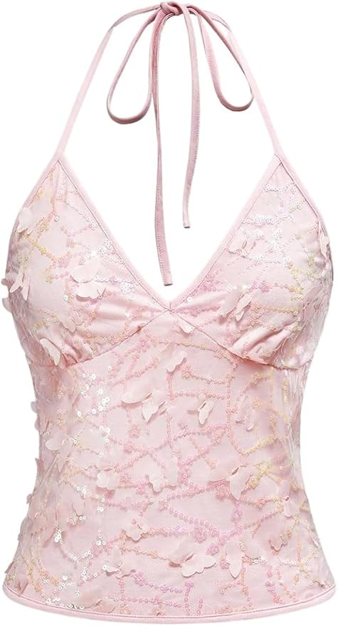 SOLY HUX Women's Y2k Sequin Halter Crop Top Cute 3D Butterfly Glitter Coquette Party Club Tops | Amazon (US)