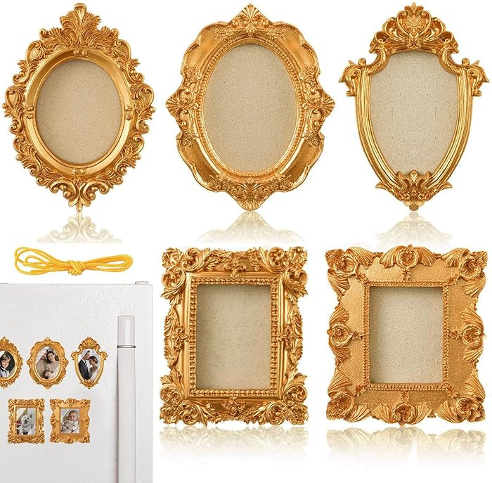 5 Pcs magnetic picture frames for refrigerator - Mini Vintage Gold Frames with Hooks & Rope, Wall... | Amazon (US)