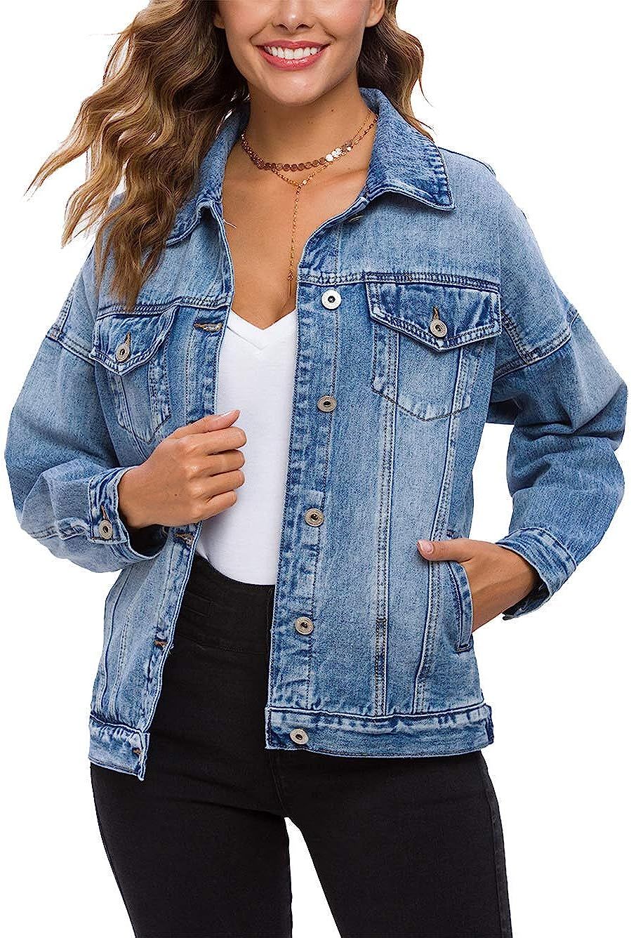 Cantonwalker Loose Women's Denim Jean Jacket,Oversize Vintage denim jacket,Long Sleeve Boyfriend ... | Amazon (US)