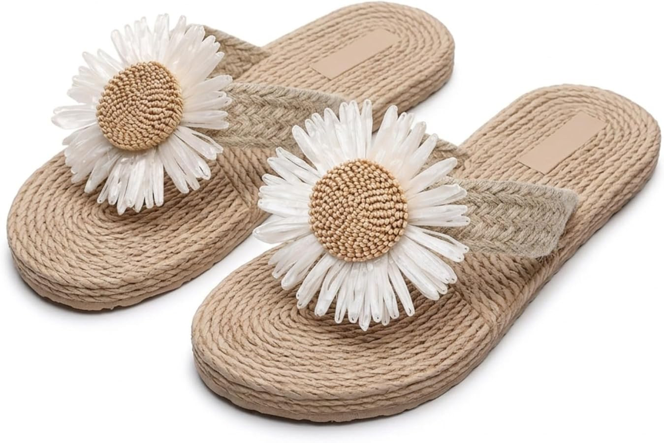 Women's Daisy Flower Flip Flops Straw Woven Beach Sandals Bohemian Summer Flax Linen Sole Non-Sli... | Amazon (US)