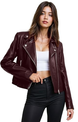 Olivia Miller Women's Faux Leather Moto Biker Jacket Long Sleeve Zip Jacket JK5208 BURGUNDY M | Amazon (US)