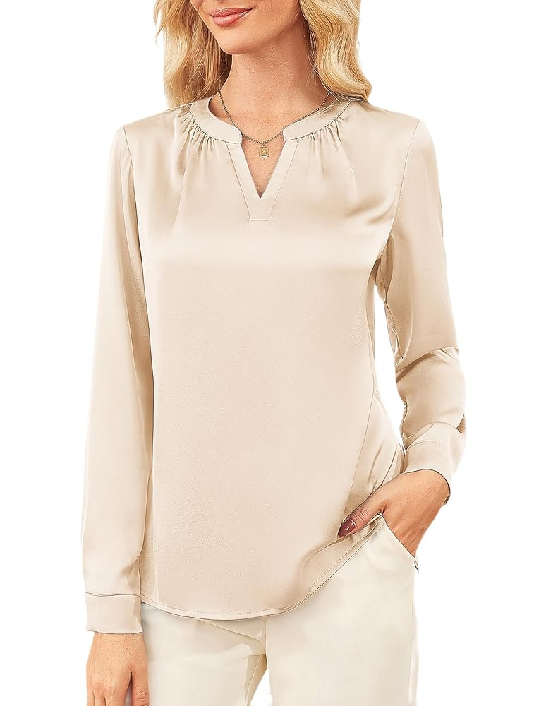 GRACE KARIN Women's Satin Silk Blouse V Neck Long Sleeve Dressy Casual Work Blouse Shirts Pullove... | Amazon (US)