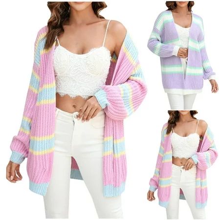 GUZOM Womens Lightweight Open Front Cardigan Trendy Graphic Printed Long Knit Long Sleeve Fall Clear | Walmart (US)