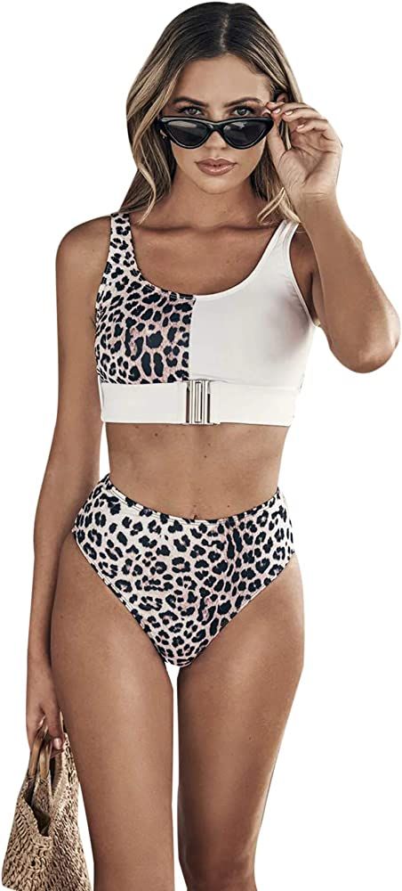 Floerns Women's High Waist Leopard Bikini Buckle Front Two Piece Cheetah Swimsuit | Amazon (US)