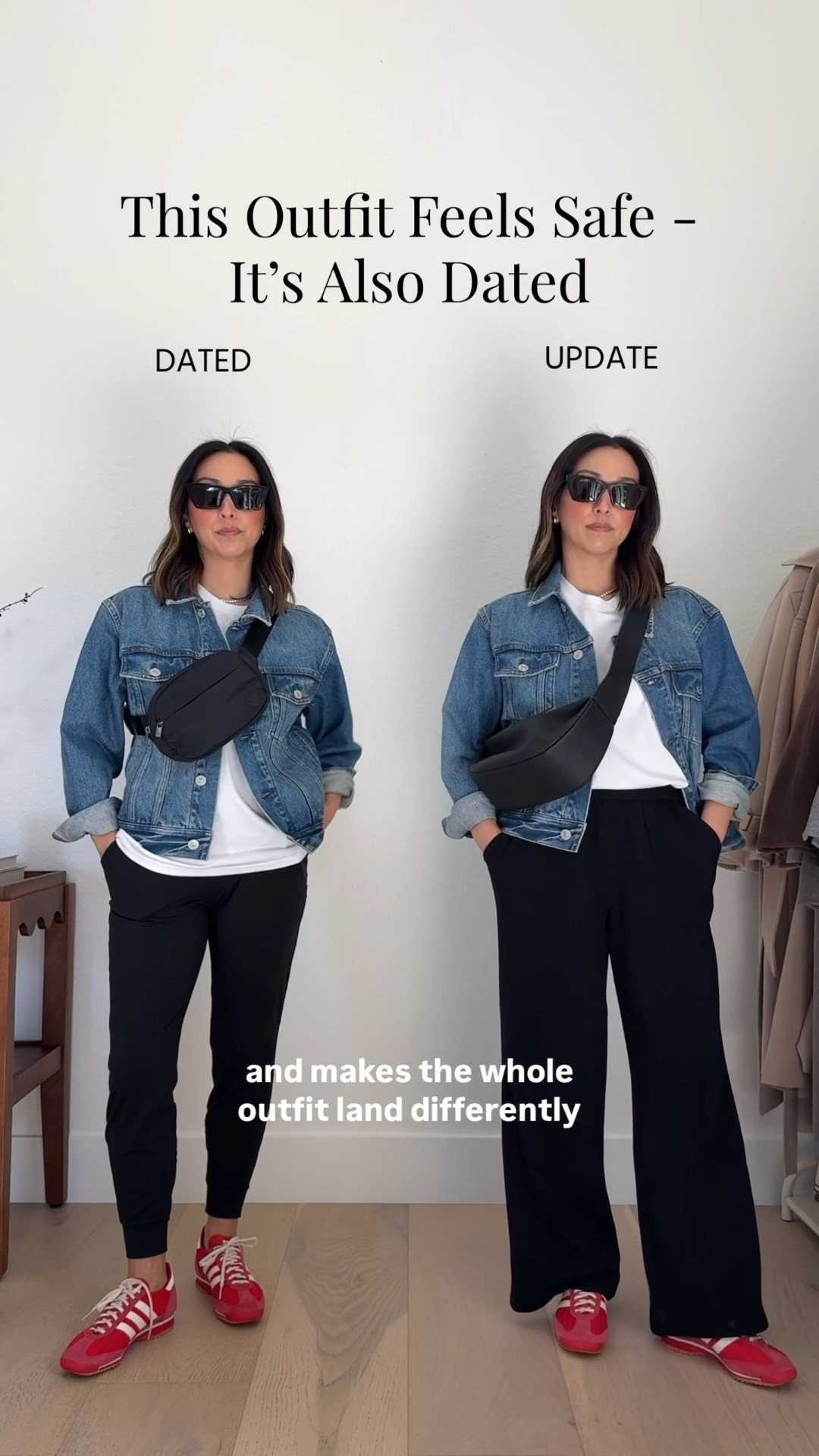 If the left is your go-to mom
Outfit, try these simple swaps to not only make it more modern, but elevated too without sacrificing comfort. 

AYR denim jacket small
Madewell tee xs
Varley wide leg small 28” I typically wear the xs but they’re sold out
Adidas SL72 sneakers 5. Run big. 
Amazon sling bag 
YSL sunglasses

#LTKgrwm #LTKmomlife #LTKPetite
