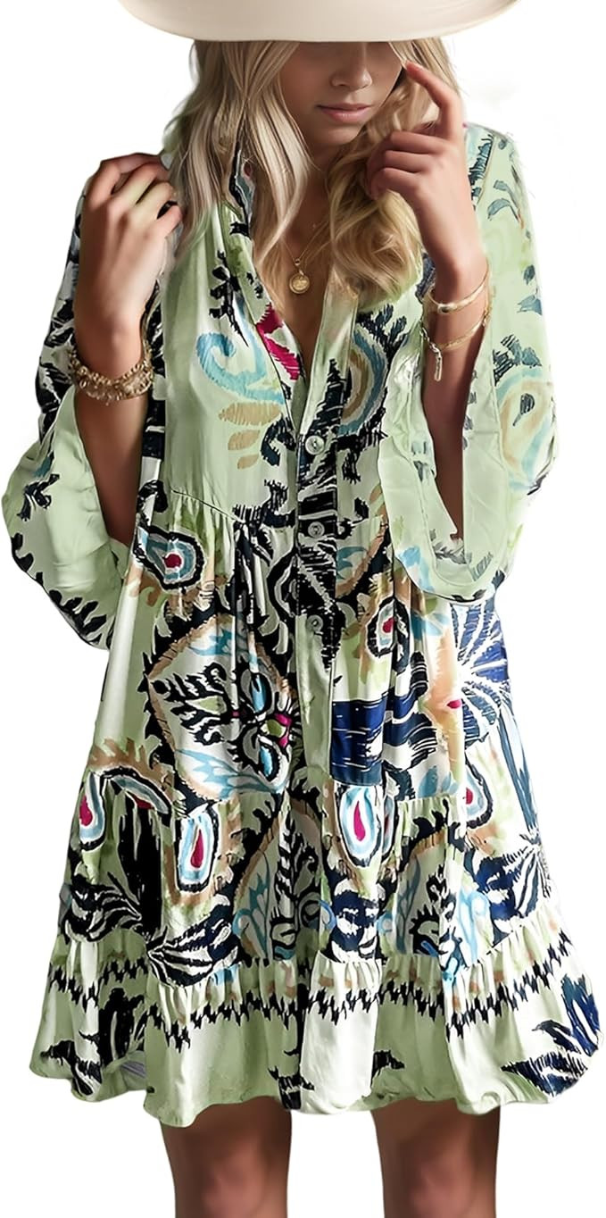 Opemiby Summer Dresses for Women 2026 Flowy Ruffle 3/4 Sleeve V Neck Tiered Casual Babydoll Boho ... | Amazon (US)