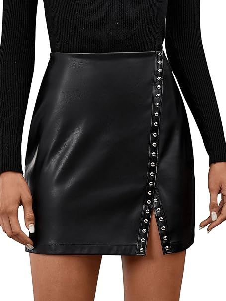 SweatyRocks Women's Faux Leather High Waisted Bodycon Mini Skirt Split Hem Skirts | Amazon (US)