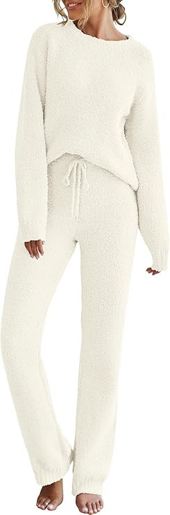 MEROKEETY Womens Pajama Sets 2025 Fall Lounge Sweater Set Cute Fuzzy Fleece 2 Piece Long Sleeve C... | Amazon (US)