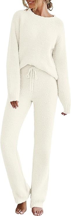 MEROKEETY Womens Fuzzy Fleece Long Sleeve 2 Piece Loungewear Outfits Sweater Pants Pajama Sets | Amazon (US)