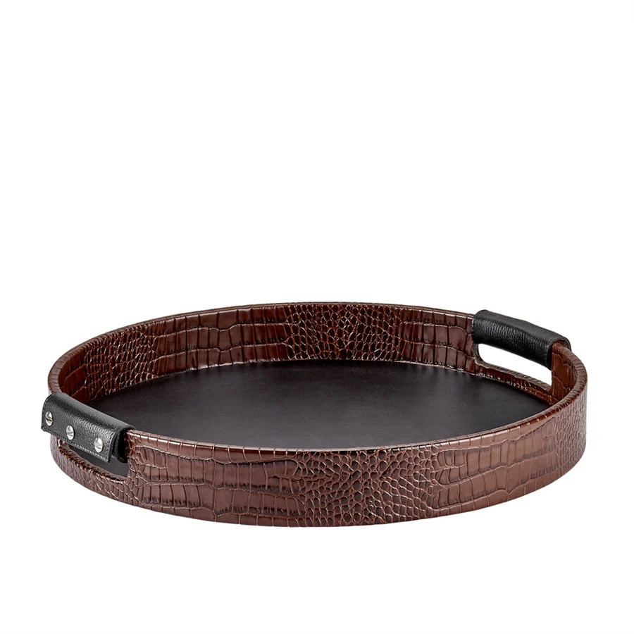 Graphic Image Round Leather Tray Brown Crocodile Embossed Leather | GiGi New York / Graphic Image