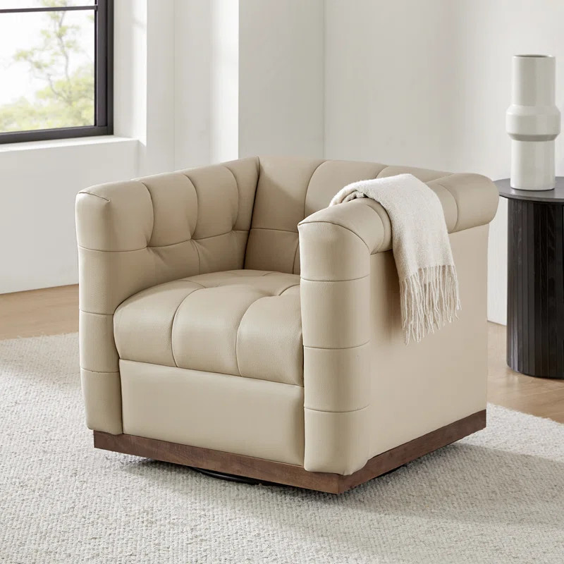 Sohib Genuine Leather Square Swivel Barrel Club Chair with Solid Wood Frame | Wayfair North America