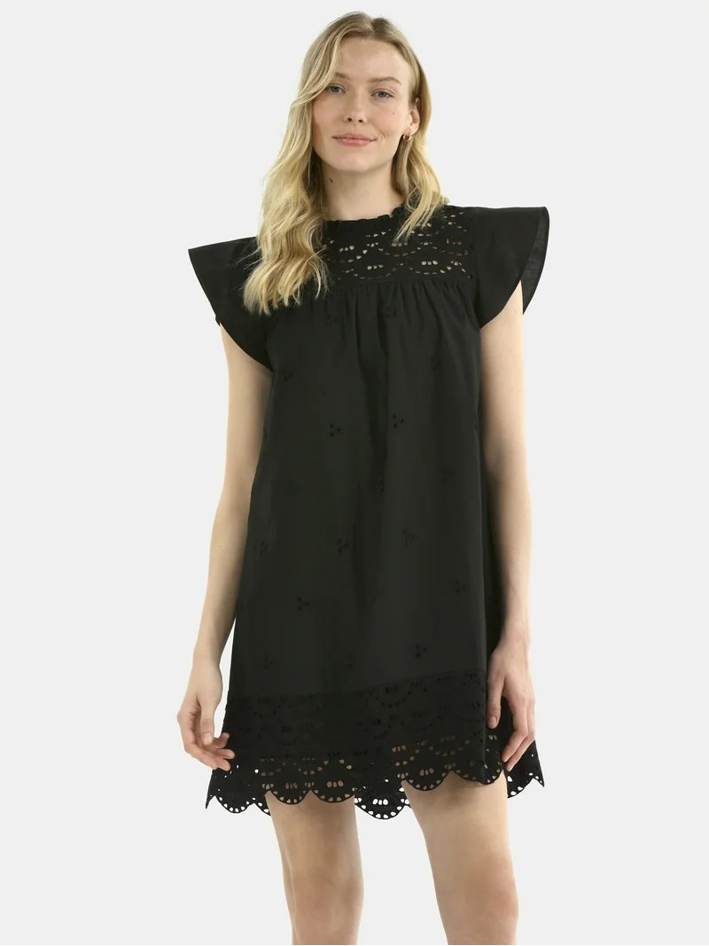 Time and Tru Women's Eyelet Mini Dress with Flutter Sleeves, Sizes XS-XXXL | Walmart (US)